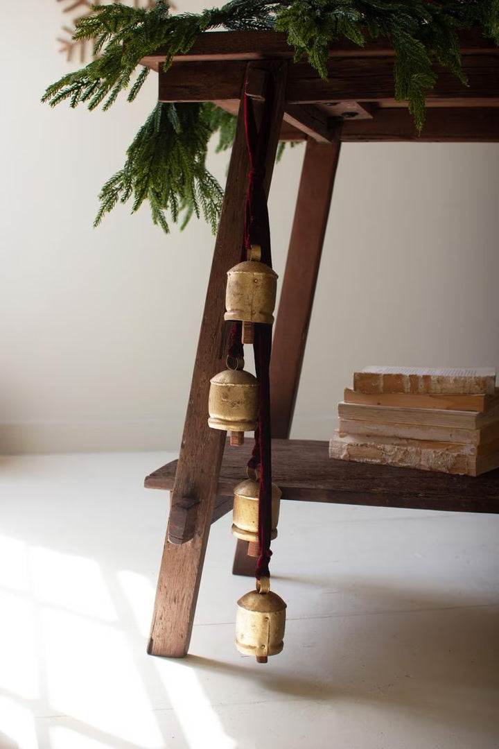 Vintage Brass Farmhouse Bells on Velvet Ribbon