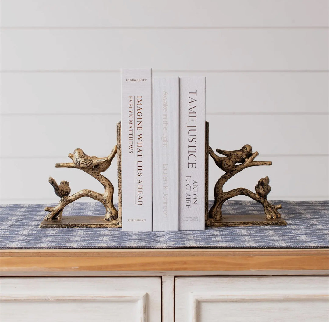 Antiqued Bird Branch Bookends — Set of 2