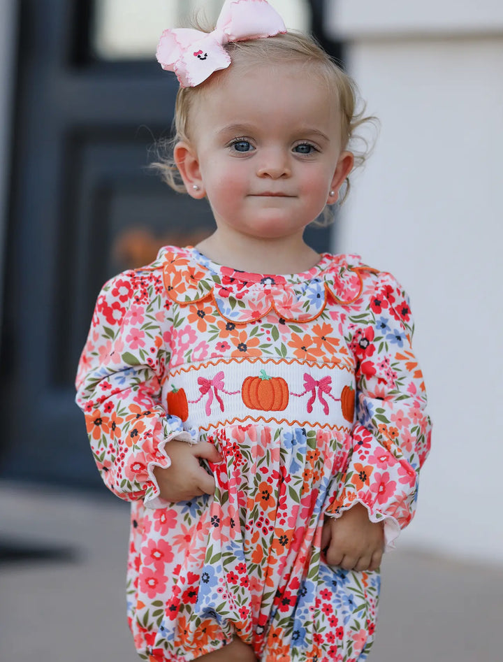 Smocked Embroidered Pumpkin & Bows Romper
