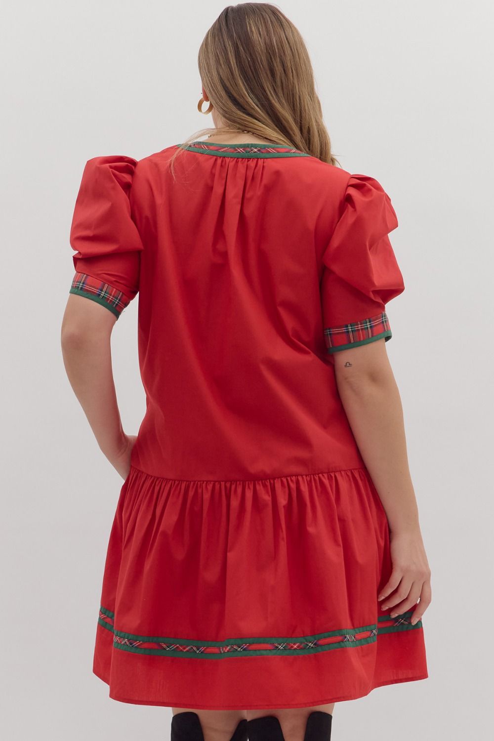 Holiday Plaid Trim Puff Sleeve Dress – Plus Size