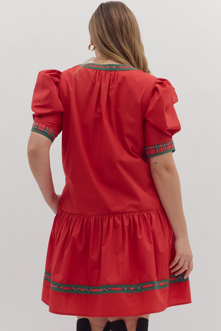 Holiday Plaid Trim Puff Sleeve Dress – Plus Size