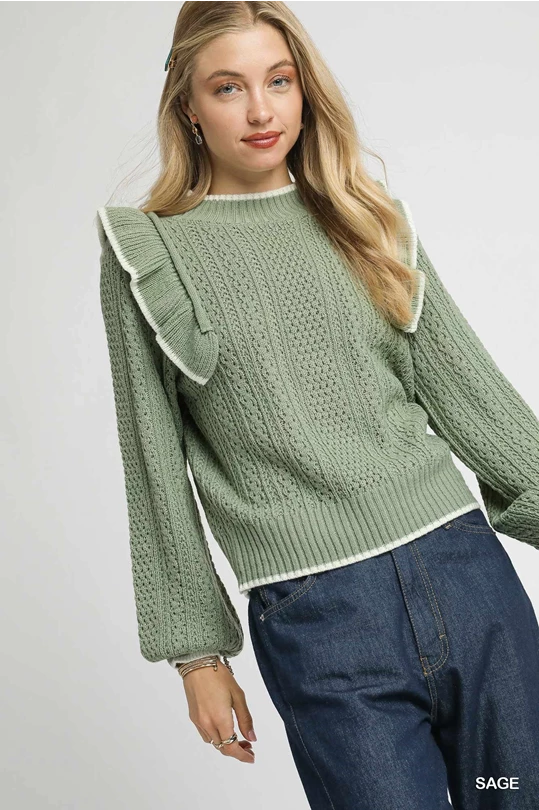 Ruffle Charm Cable Knit Sweater