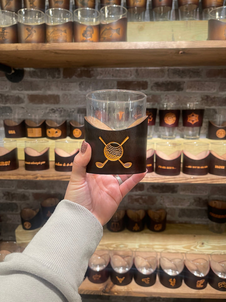 Lowball Glass with Genuine Leather Holder