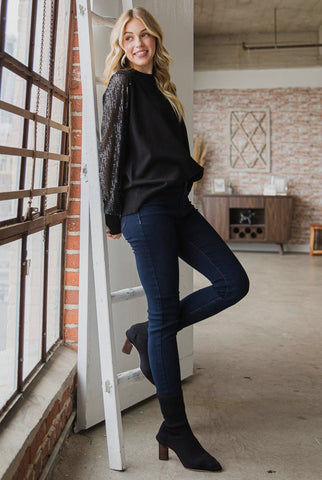 Black Sequin Sleeve Top