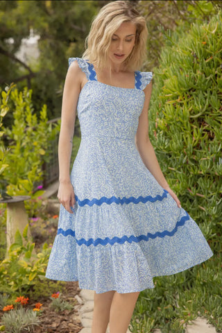 Wavy Blue Trim Midi Dress