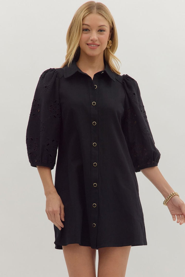 The Camden Eyelet Sleeve Shirt Dress – Black