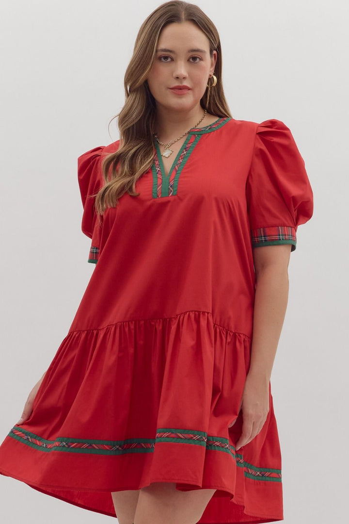 Holiday Plaid Trim Puff Sleeve Dress – Plus Size