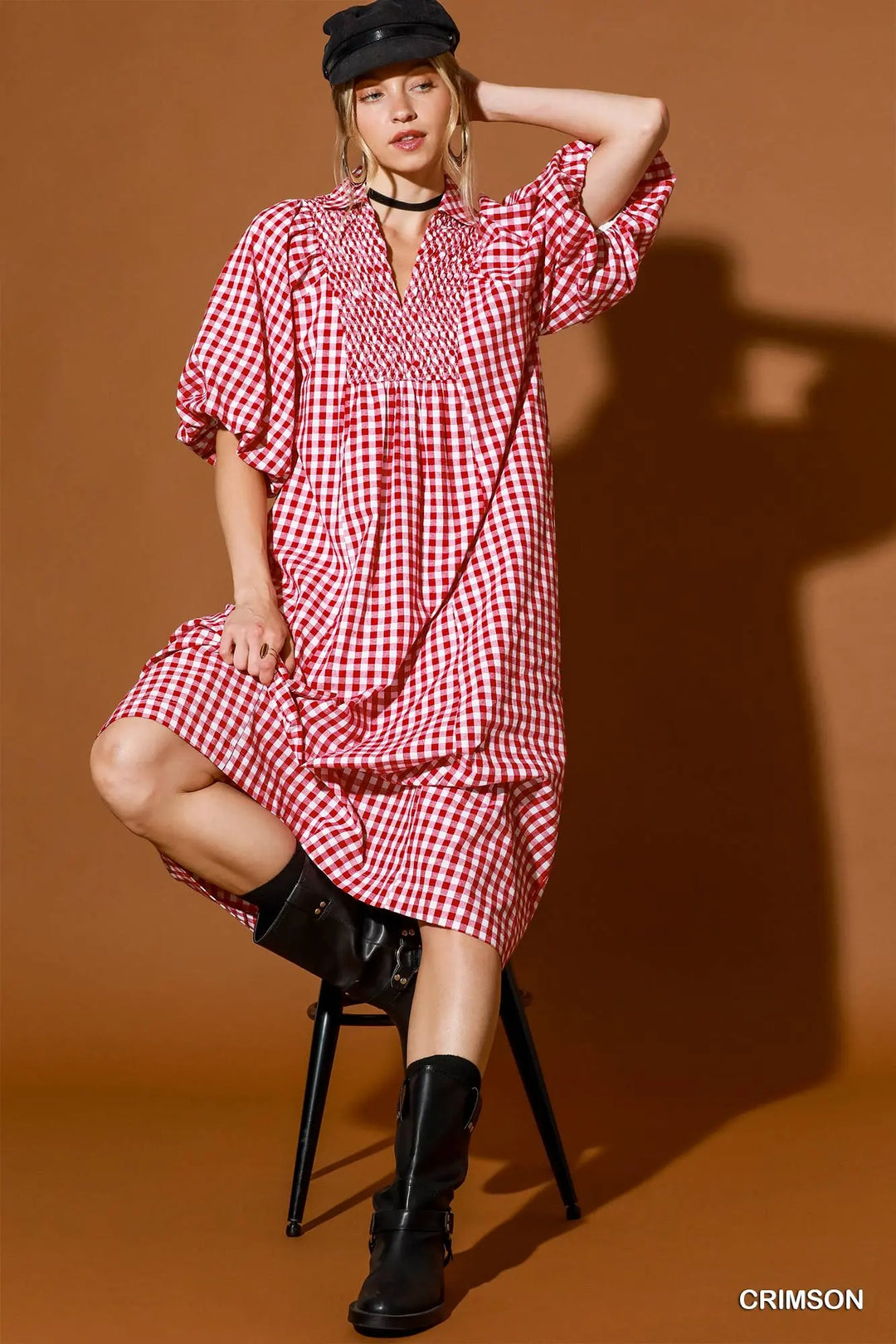 Crimson Gingham Smocked Midi Dress
