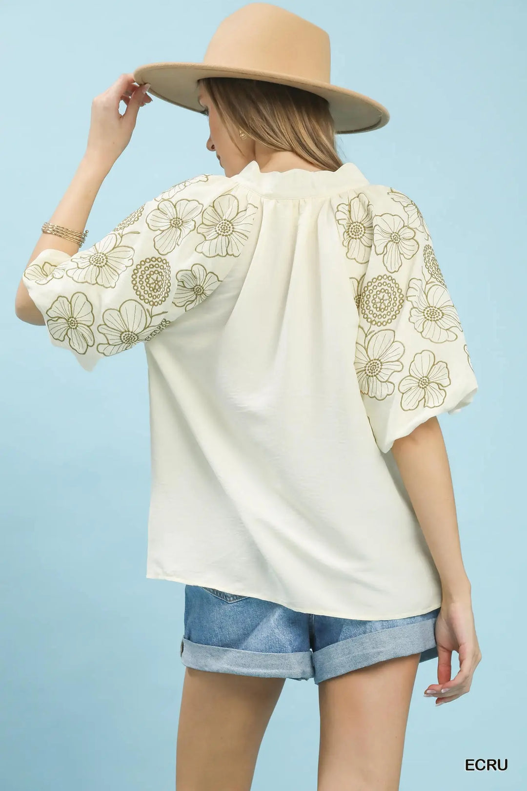 Olive Garden Embroidered Sleeve Top