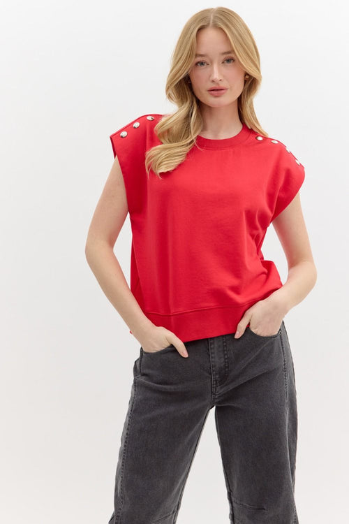 Red Top with Silver Shoulder Buttons