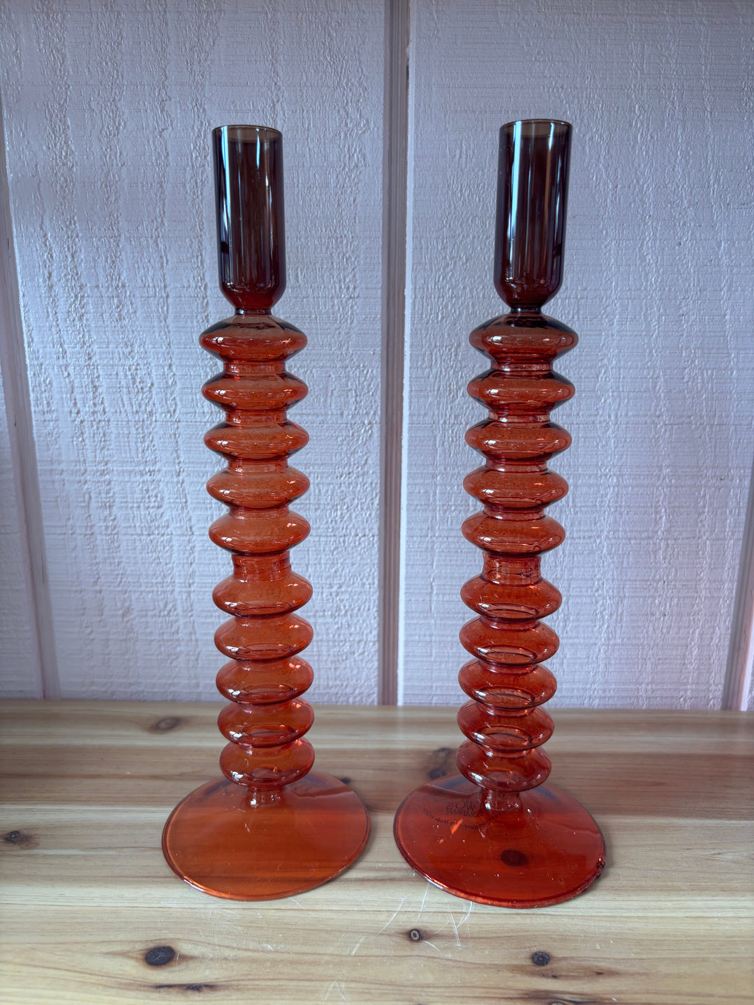 Amber Ribbed Glass Candle Holder Set
