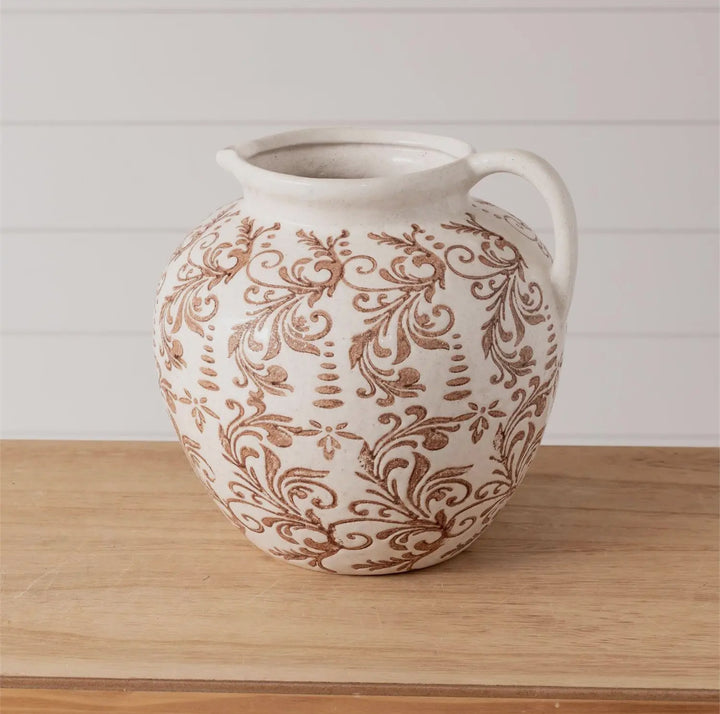 Tan Floral Ceramic Jug Vase