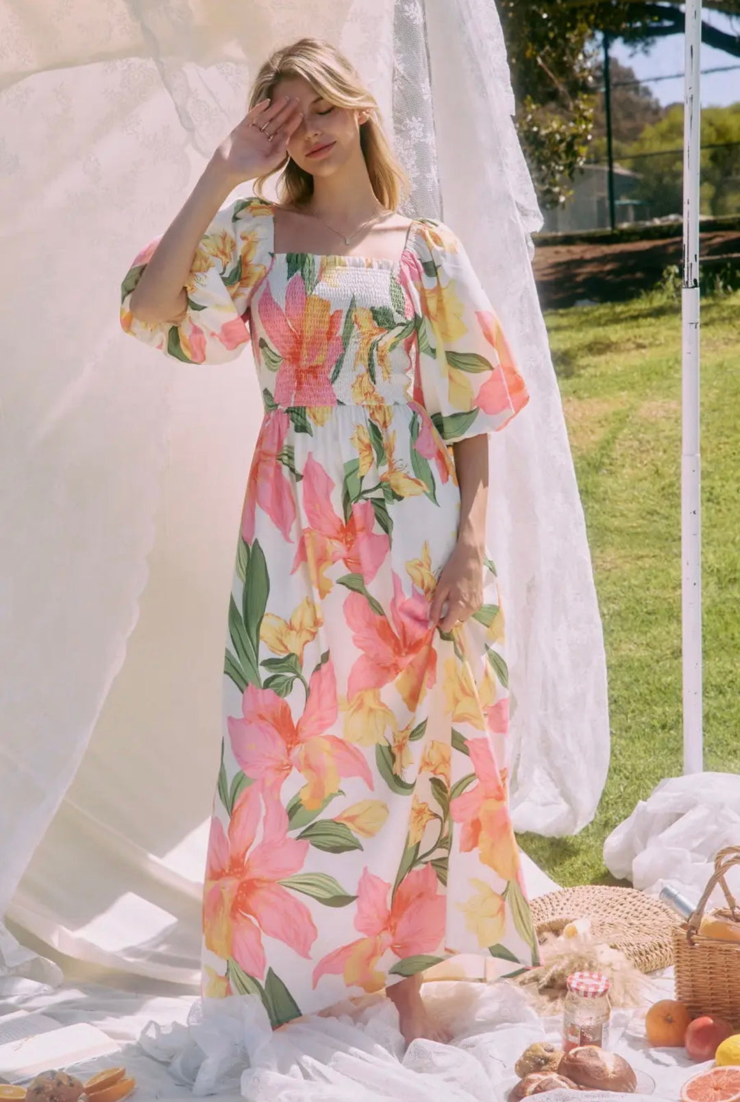 Golden Petal Escape Maxi Dress