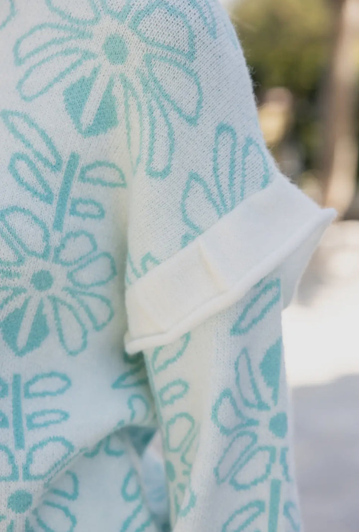 Blue Flowers Ruffle Sleeve Sweater