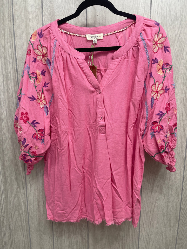 Bubble Pink Embroidered Sleeve Top - Plus