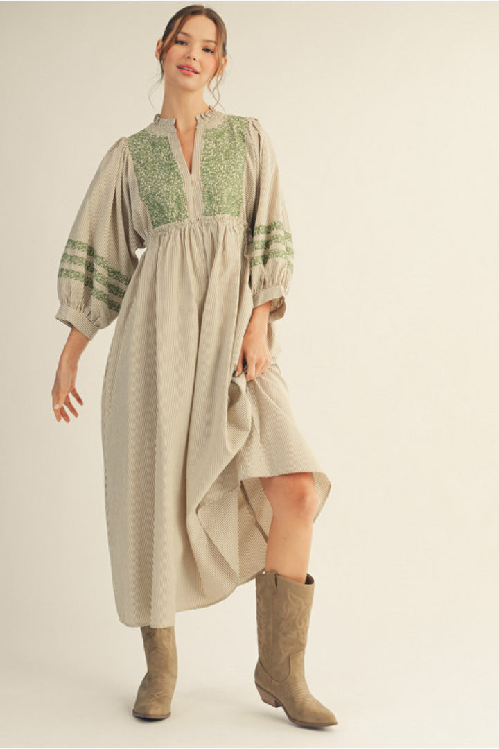 Harvest Stripe Embroidered Midi Dress