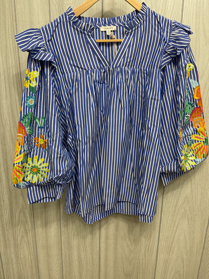 Blue Pin Stripe with Floral Embroidered Sleeves Top