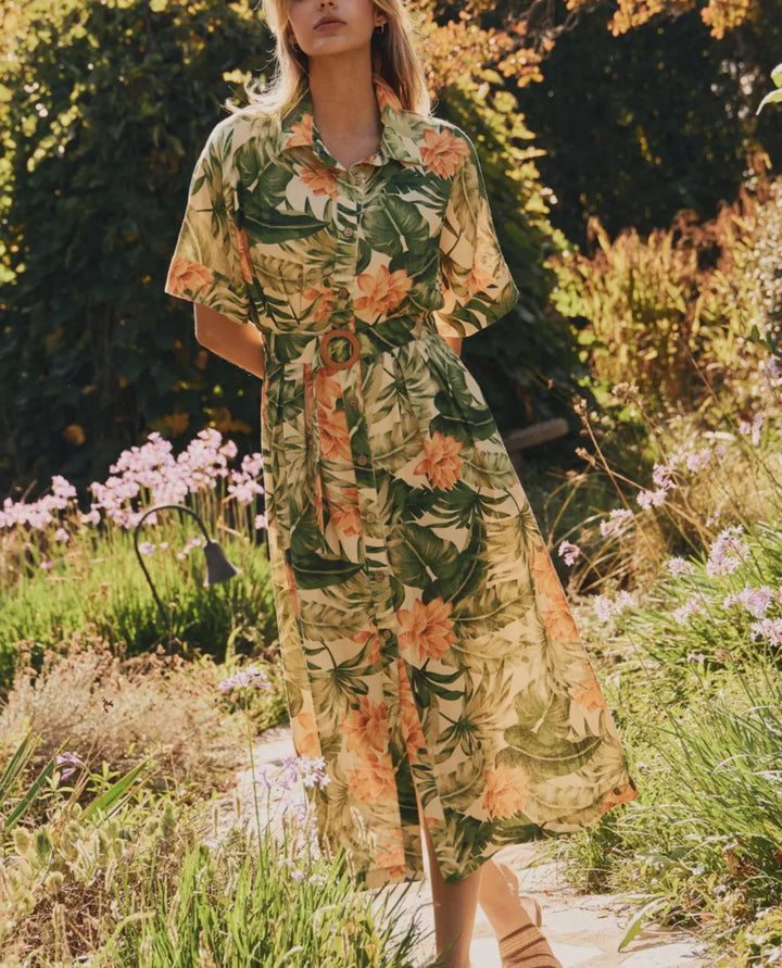 Palm Grove Belted Midi Dress