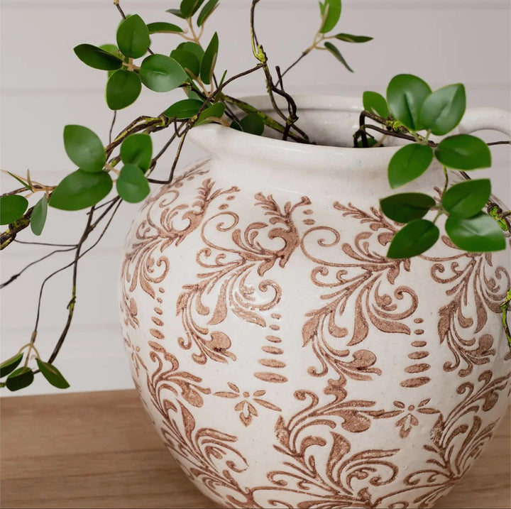 Tan Floral Ceramic Jug Vase