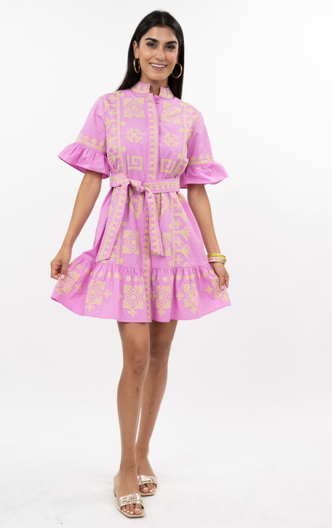 Pink Embroidered Ruffle Sleeve Dress