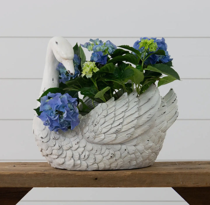 White Distressed Swan Planter