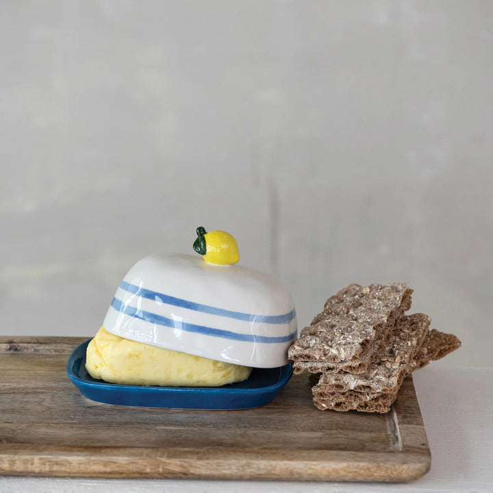 Lemon Grove Ceramic Butter Dish – Blue Stripe