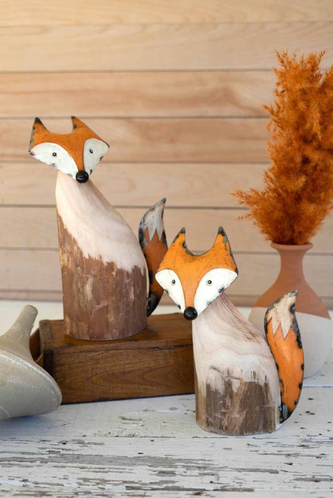 Rustic Carved Wood Fox Figurines