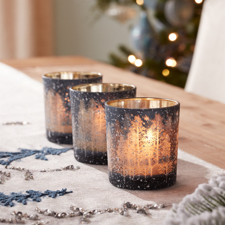 Winter Forest Glass Votive Candle Holders – Set of 3