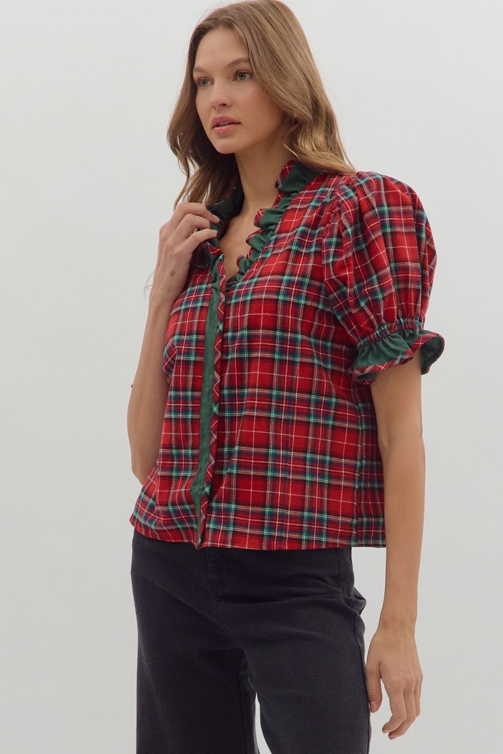 Merry & Bright Plaid Ruffle Blouse