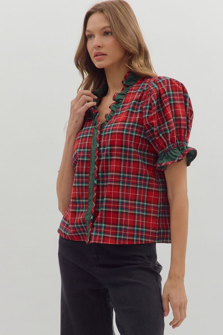 Merry & Bright Plaid Ruffle Blouse