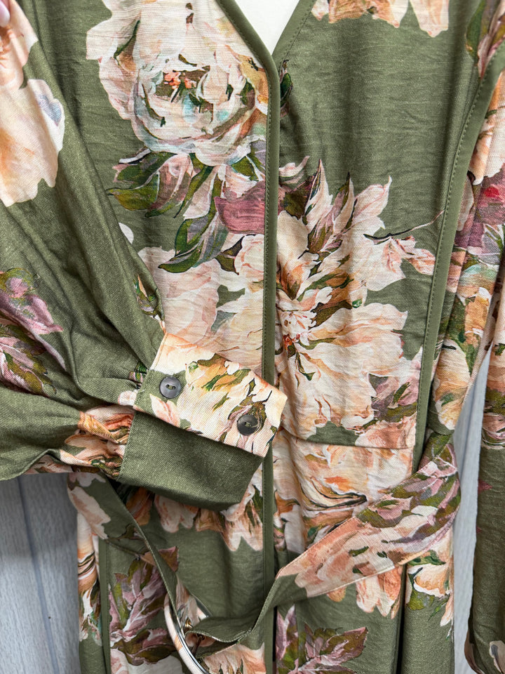 Olive Peony Belted Maxi Dress