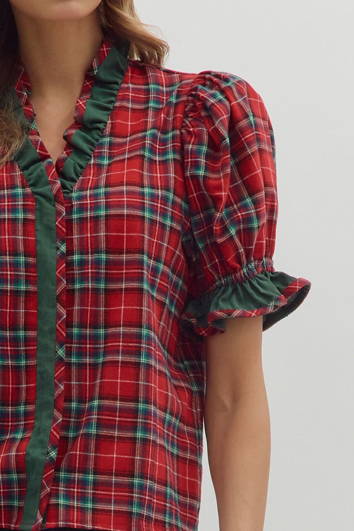 Merry & Bright Plaid Ruffle Blouse