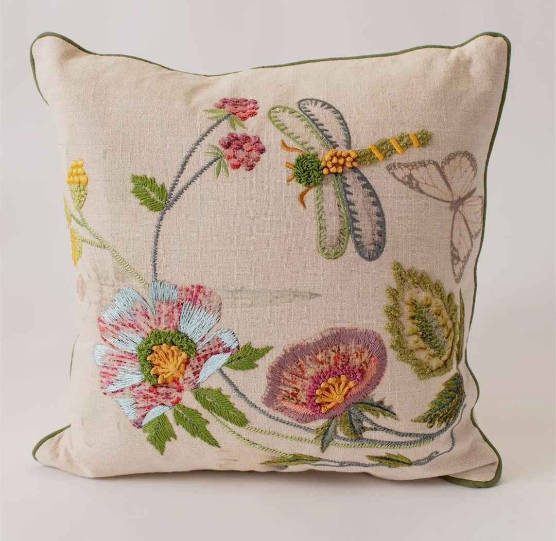 Garden Whimsy Dragonfly Embroidered Pillow