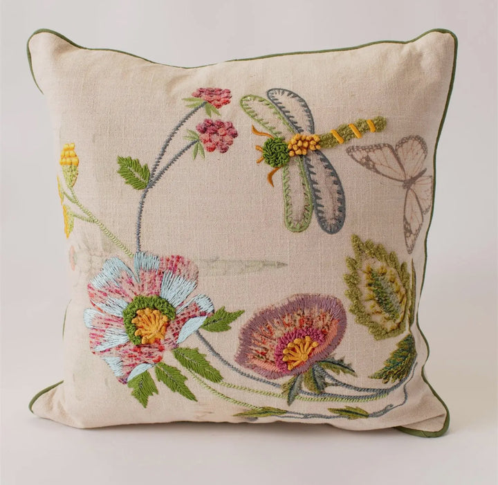 Garden Whimsy Dragonfly Embroidered Pillow