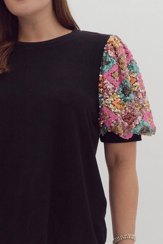 Black Sequin Sleeve Top