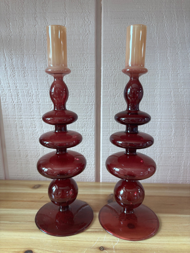 Burgundy Glass Candle Holder Set
