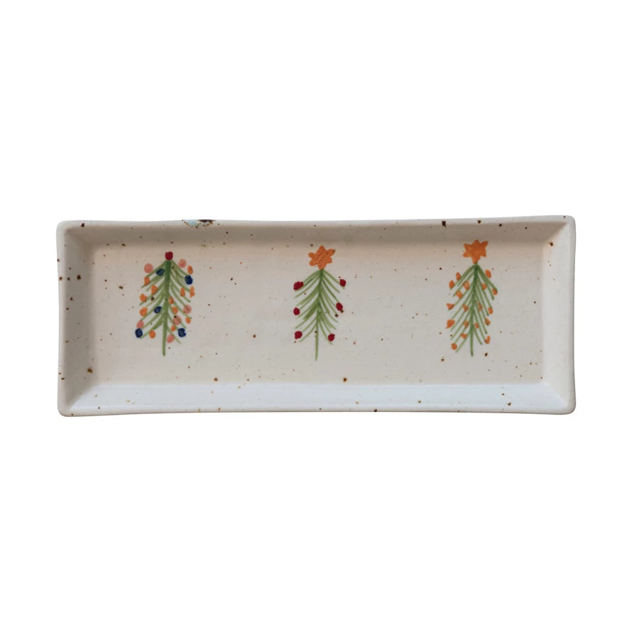 Hand-Painted Stoneware Platter with Christmas Trees