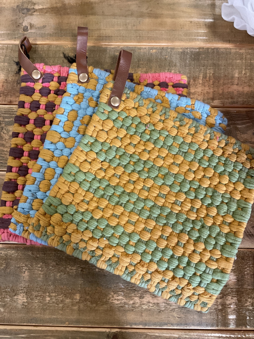 Cotton Crocheted Pot Holder with Leather Strap