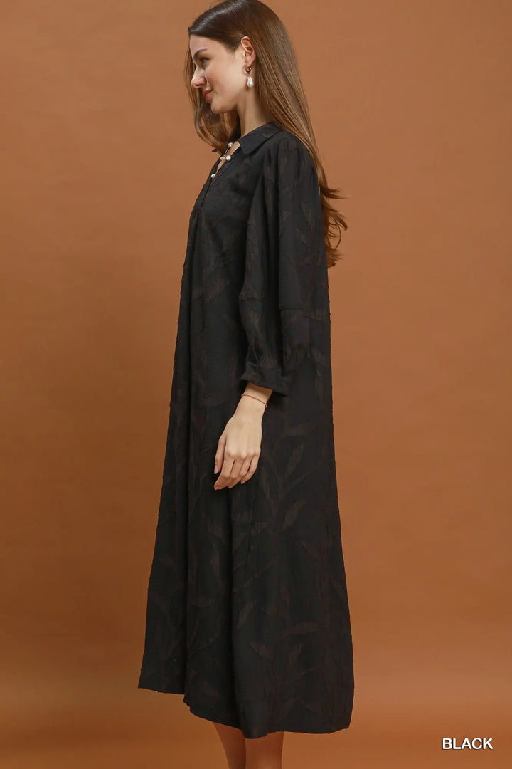 Camille Textured Collared Midi Dress – Black