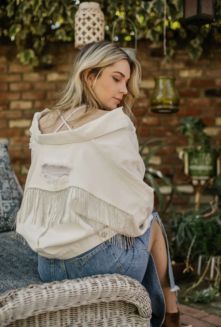 Denim Rhinestone Fringe Jacket