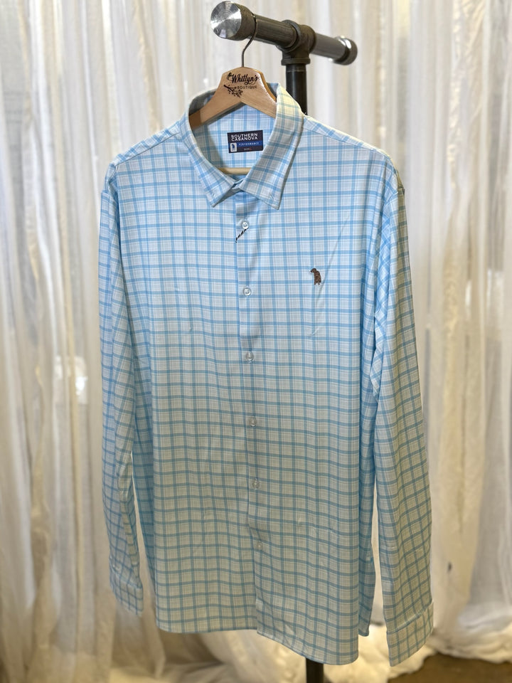 Sky Blue Check Performance Button Down