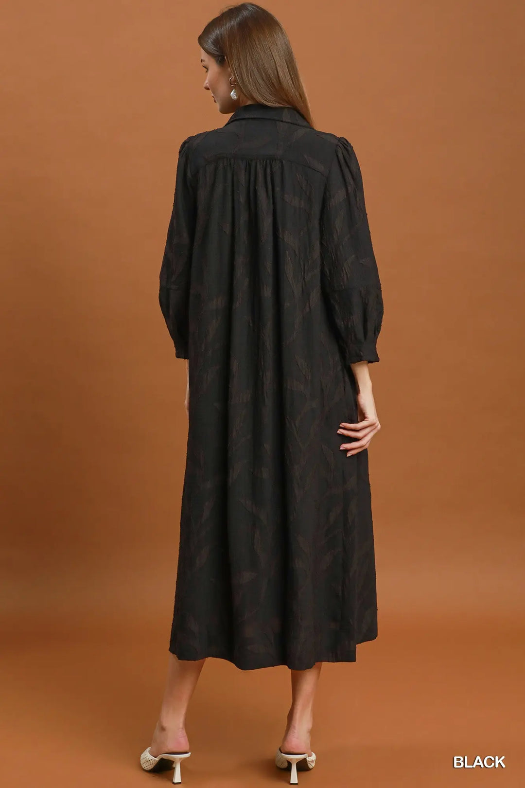 Camille Textured Collared Midi Dress – Black