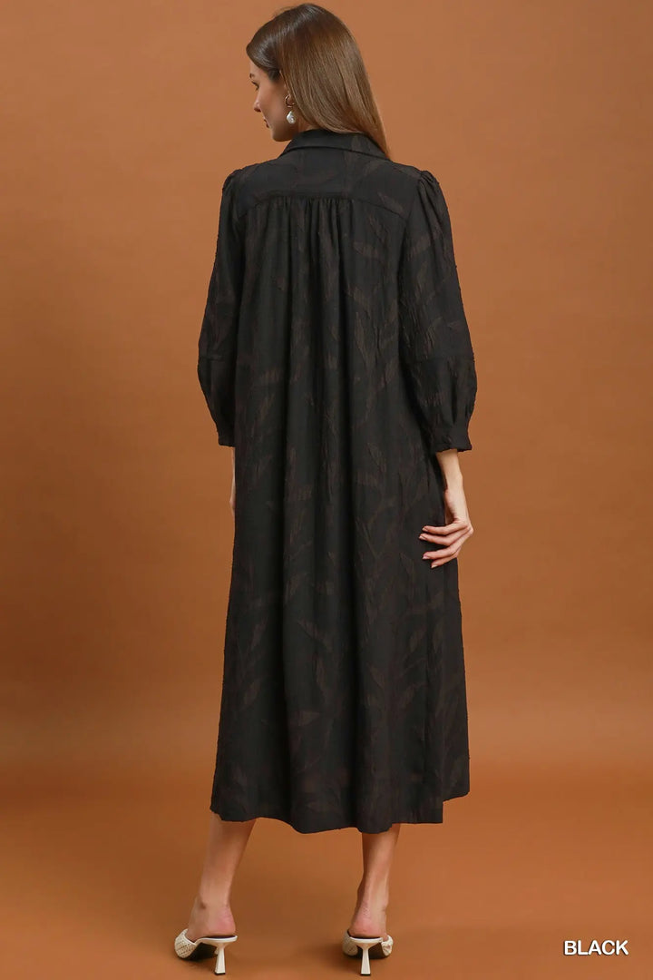 Camille Textured Collared Midi Dress – Black