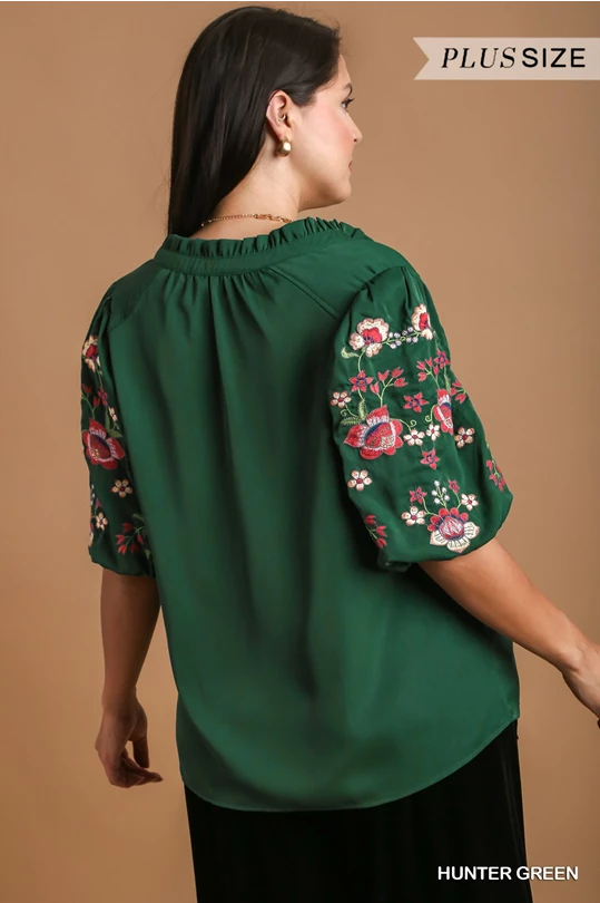 Green Floral Embroidered Sleeve Top - Plus