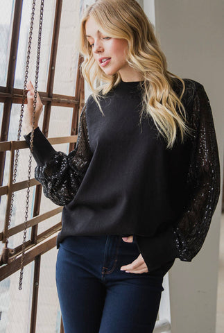 Black Sequin Sleeve Top