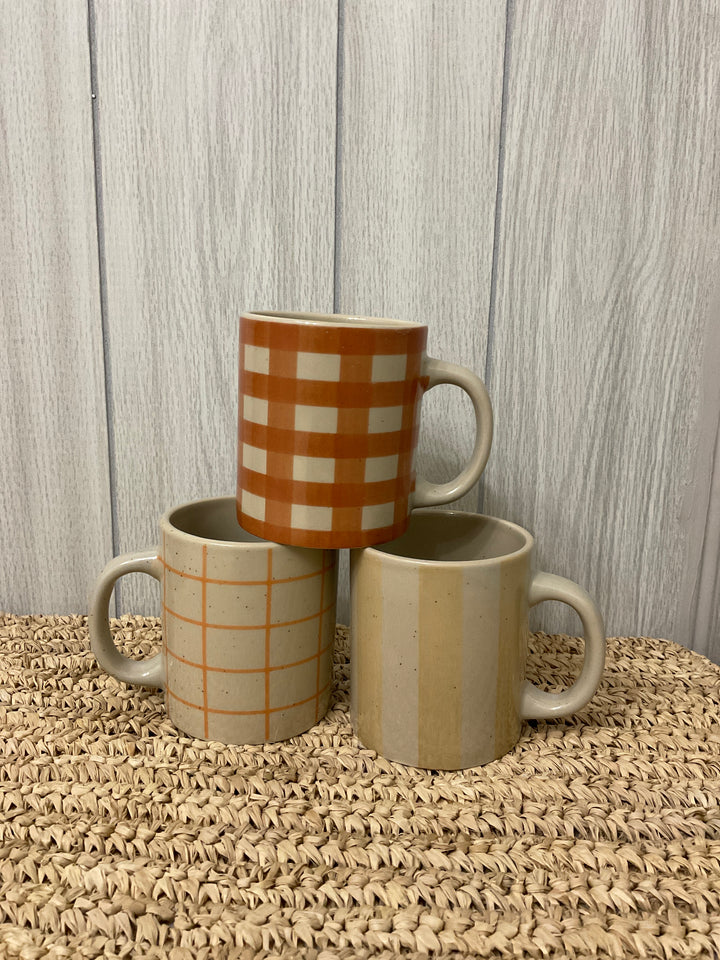 Hand-Painted Plaid & Stripe Stoneware Mugs