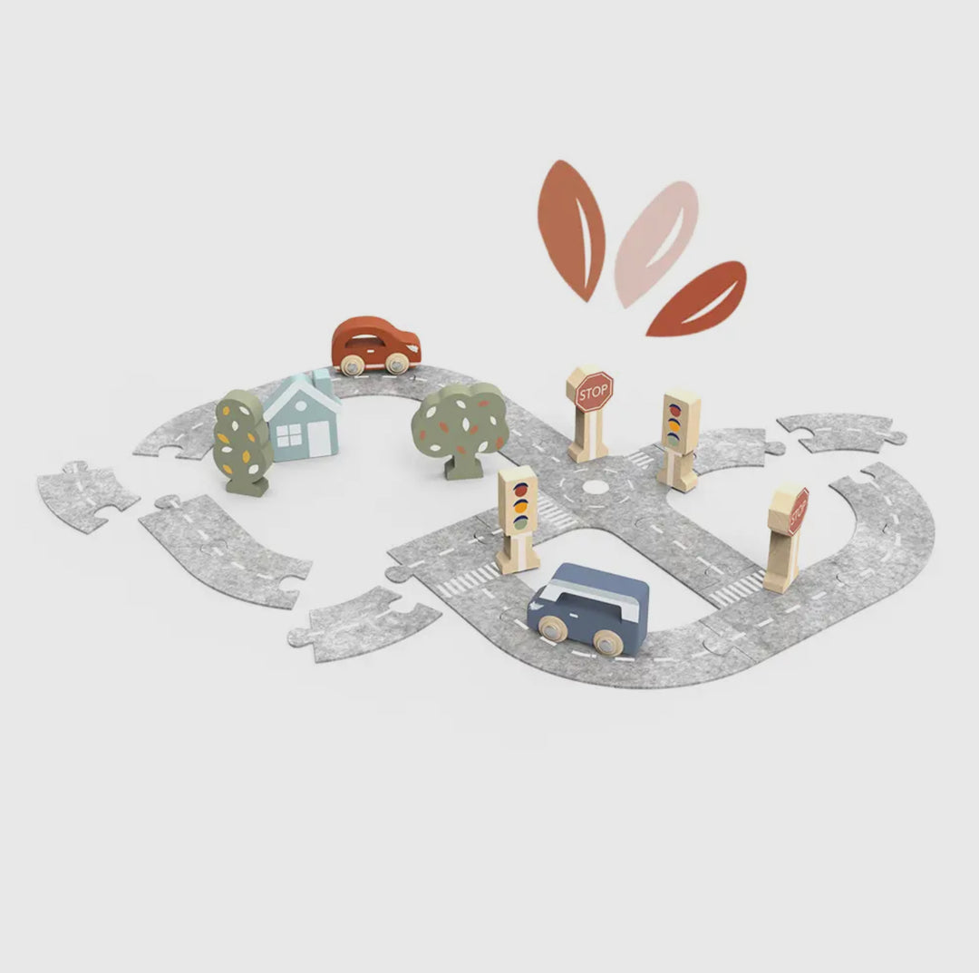 Little Town Felt Road & Wooden Car Playset