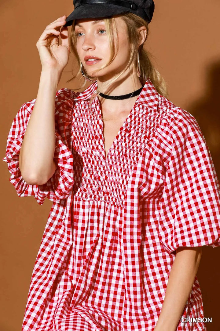 Crimson Gingham Smocked Midi Dress