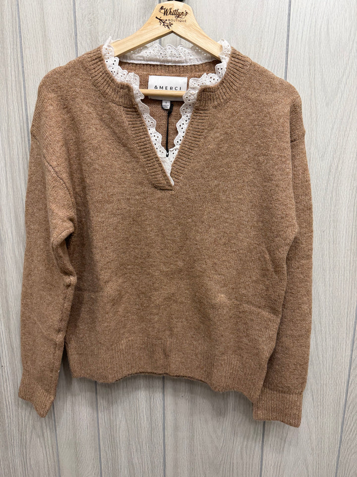 Café au Lait Lace Trim Sweater