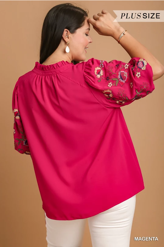 Pink Floral Embroidered Sleeve Top - Plus